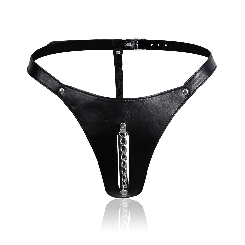 Black Leather Chained Thong - Sexy Bee UK