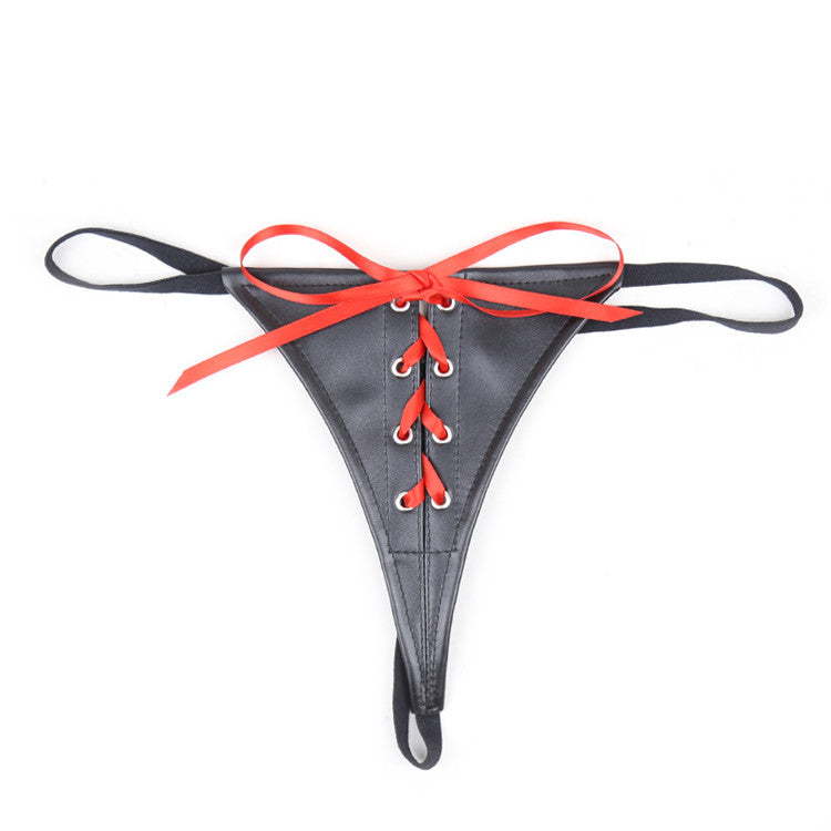 PU Leather Black and Red Ribbon Knickers - Sexy Bee UK
