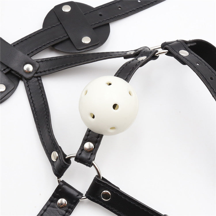 Black Faux Leather Head Harness with Vented Ball Gag - Sexy Bee UK