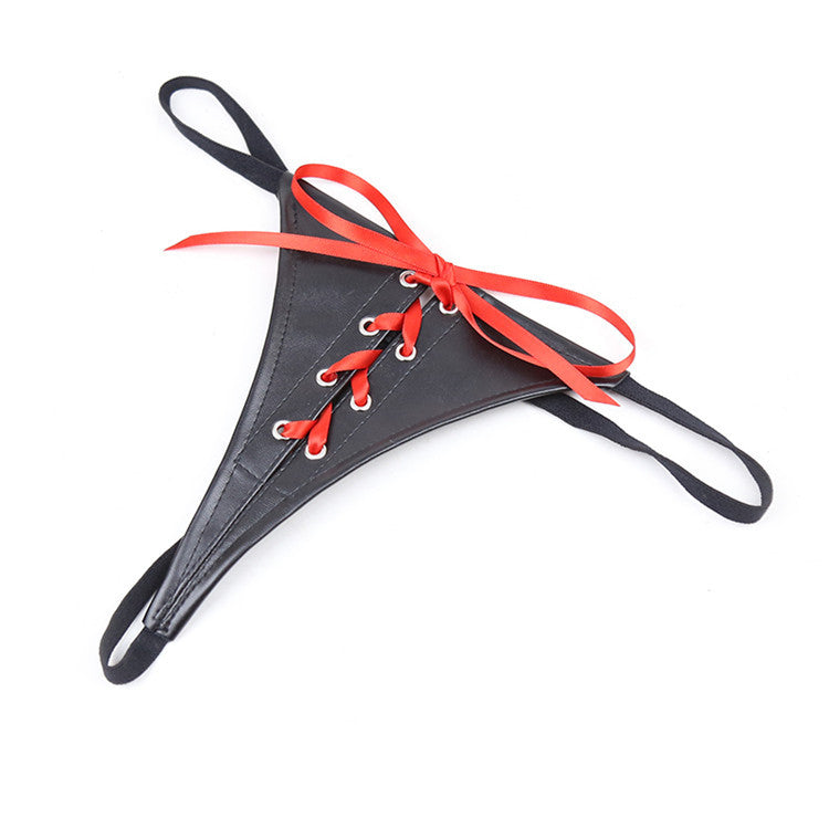 PU Leather Black and Red Ribbon Knickers - Sexy Bee UK