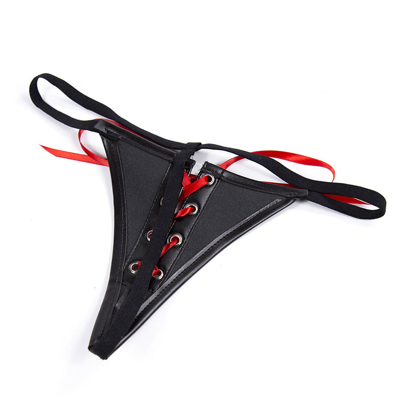 PU Leather Black and Red Ribbon Knickers - Sexy Bee UK