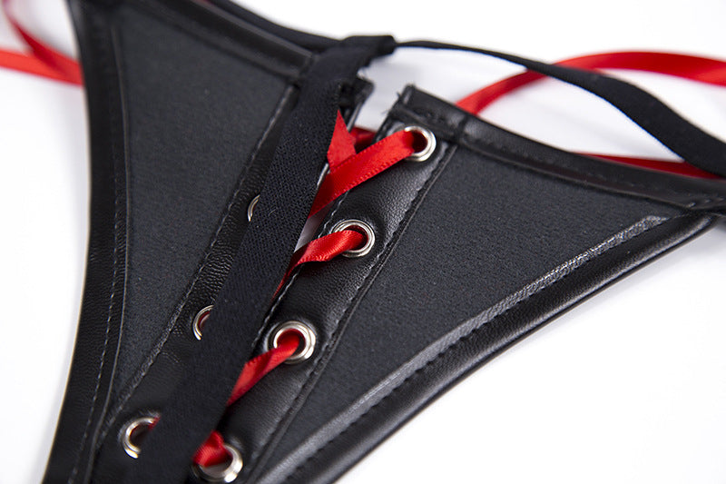 PU Leather Black and Red Ribbon Knickers - Sexy Bee UK