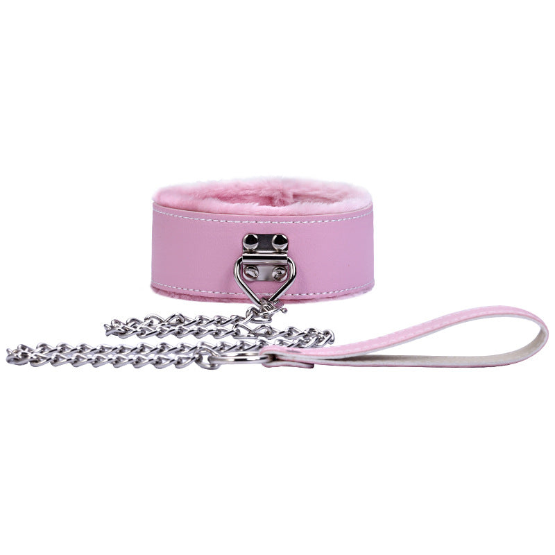 Fluffy Pink Faux Leather Bondage Collar and Chained Lead - Sexy Bee UK