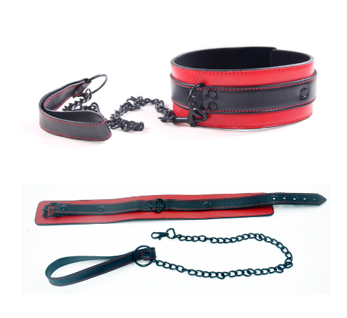 Black and Red Faux Leather Collar and Lead Set - Sexy Bee UK