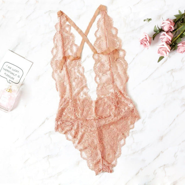 Pink V Neck Lace Backless Bodysuit - Sexy Bee UK