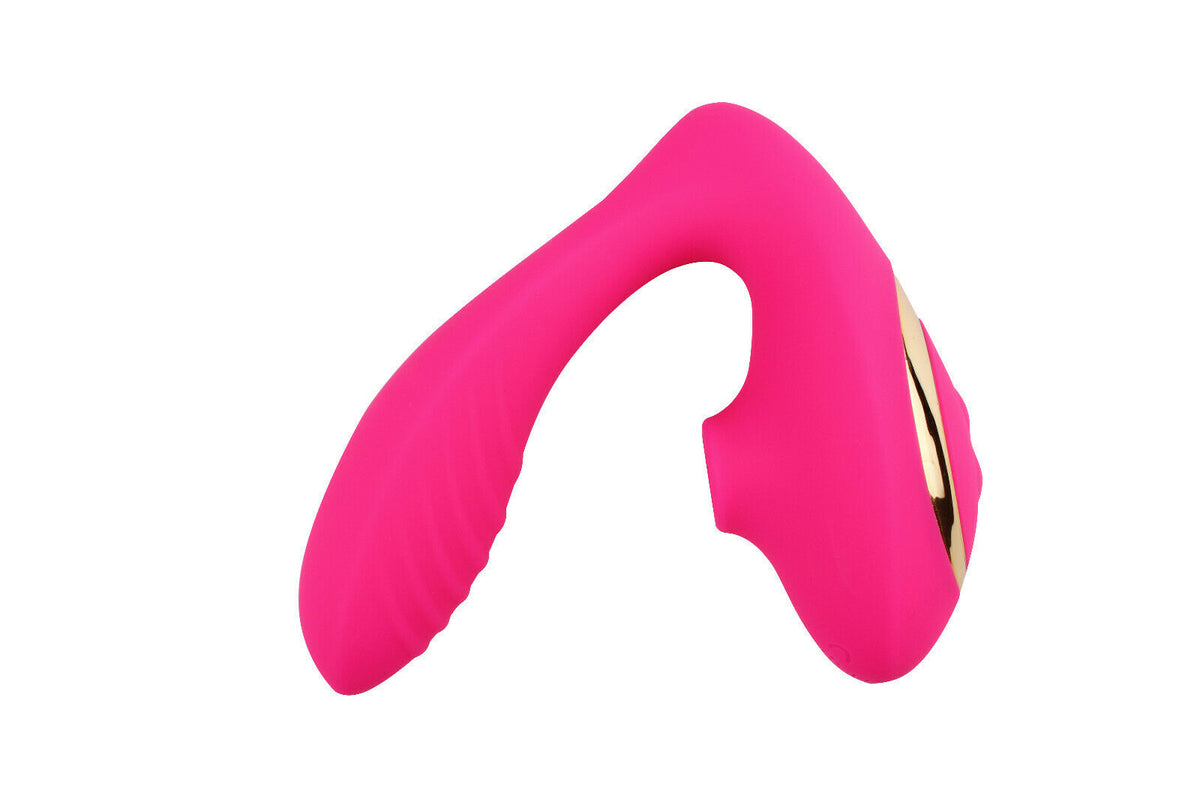 Double Ended Vibrator Curved G-Spot & Clitoral Sucking Vibrating Dildo Pink