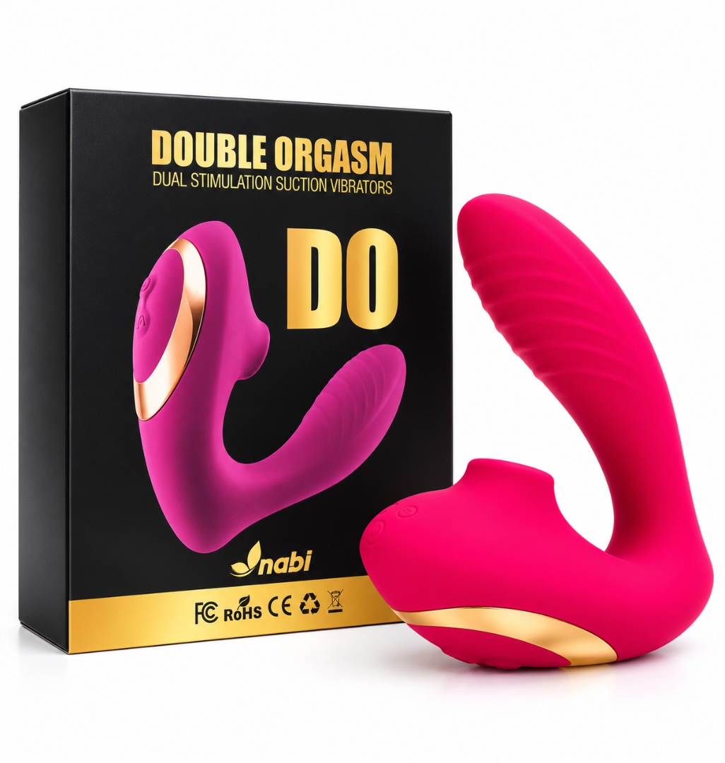 Double Ended Vibrator Curved G-Spot & Clitoral Sucking Vibrating Dildo Pink