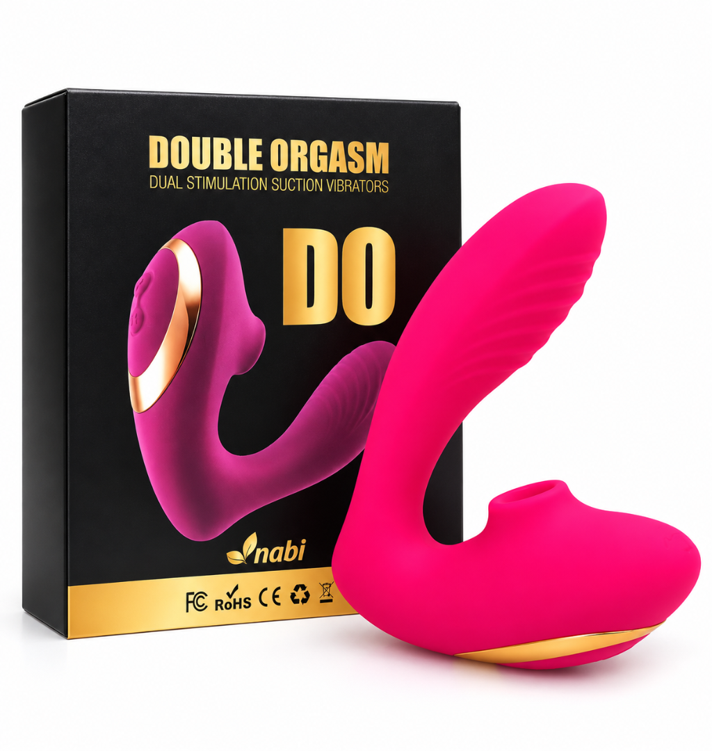 Double Ended Vibrator Curved G-Spot & Clitoral Sucking Vibrating Dildo Pink