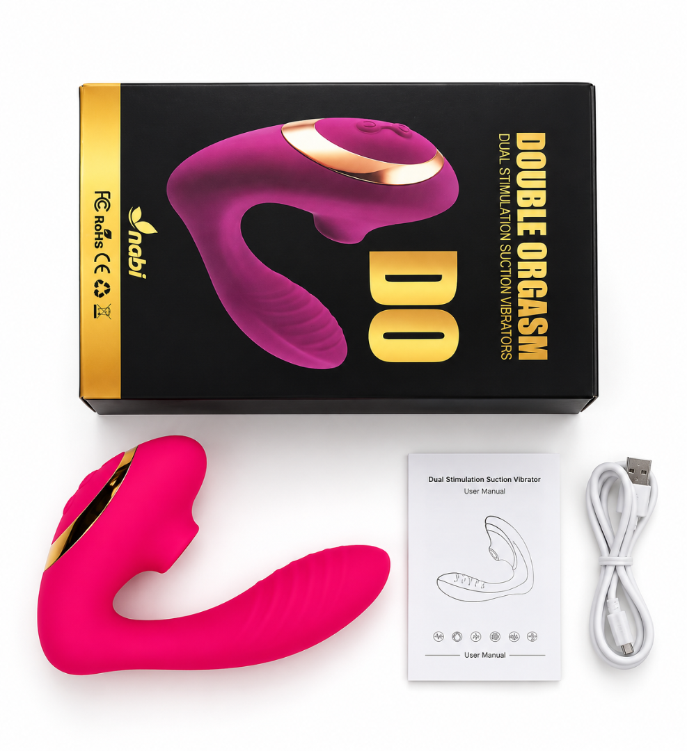 Double Ended Vibrator Curved G-Spot & Clitoral Sucking Vibrating Dildo Pink