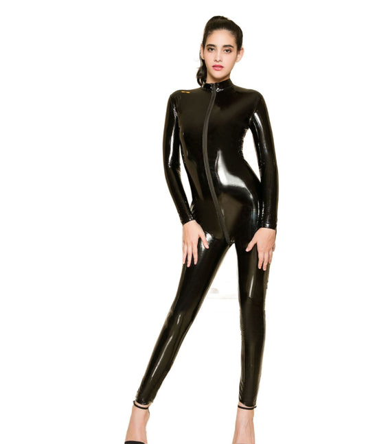 Black Front to Back Zip Leather Catsuit