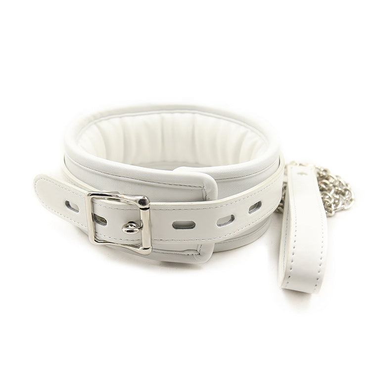 White Padded Leather Collar and Chained Leash - Sexy Bee UK