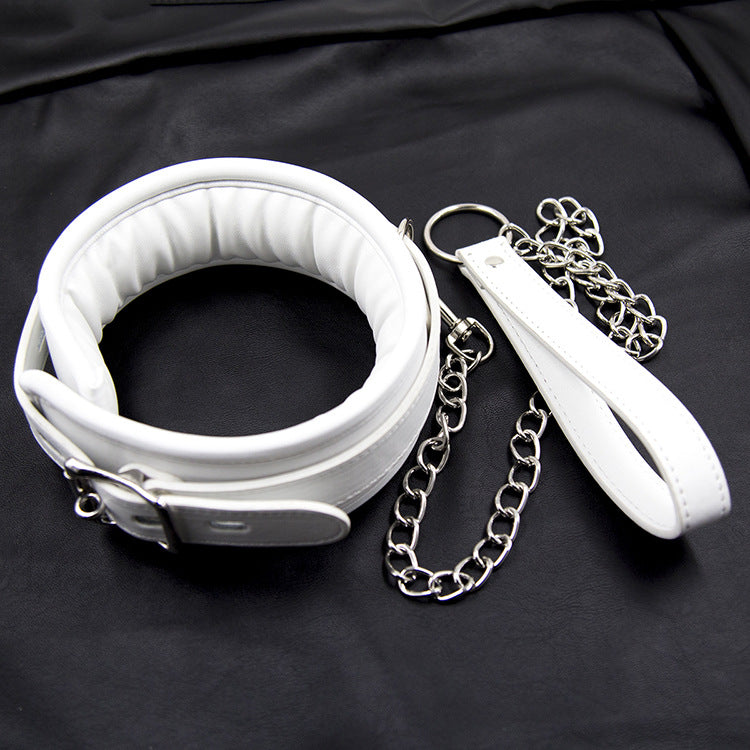 White Padded Leather Collar and Chained Leash - Sexy Bee UK