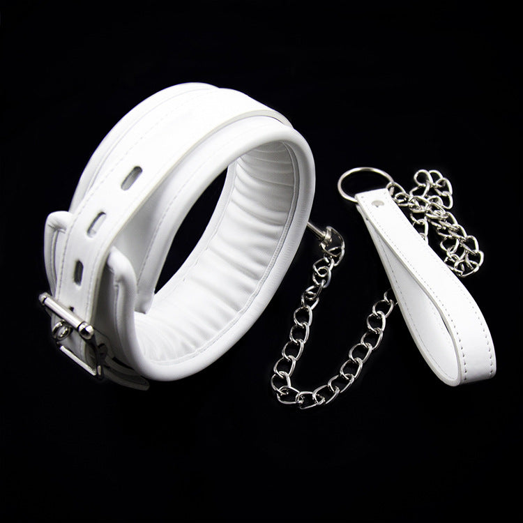 White Padded Leather Collar and Chained Leash - Sexy Bee UK