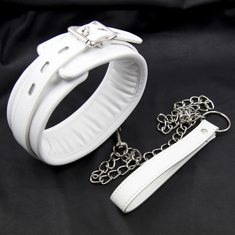 White Padded Leather Collar and Chained Leash - Sexy Bee UK