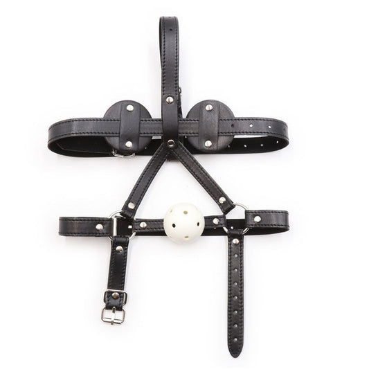 Black Faux Leather Head Harness with Vented Ball Gag
