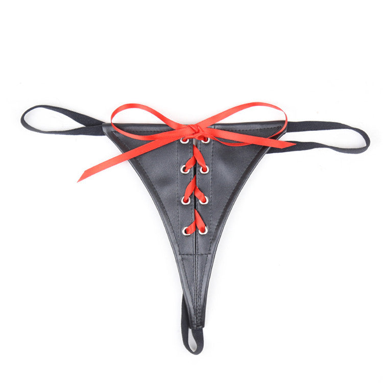 PU Leather Black and Red Ribbon Knickers