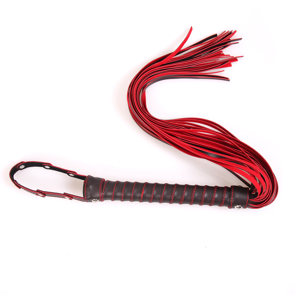 Red and Black Leatherette Flogger with Rivet Detail on the Hand Loop