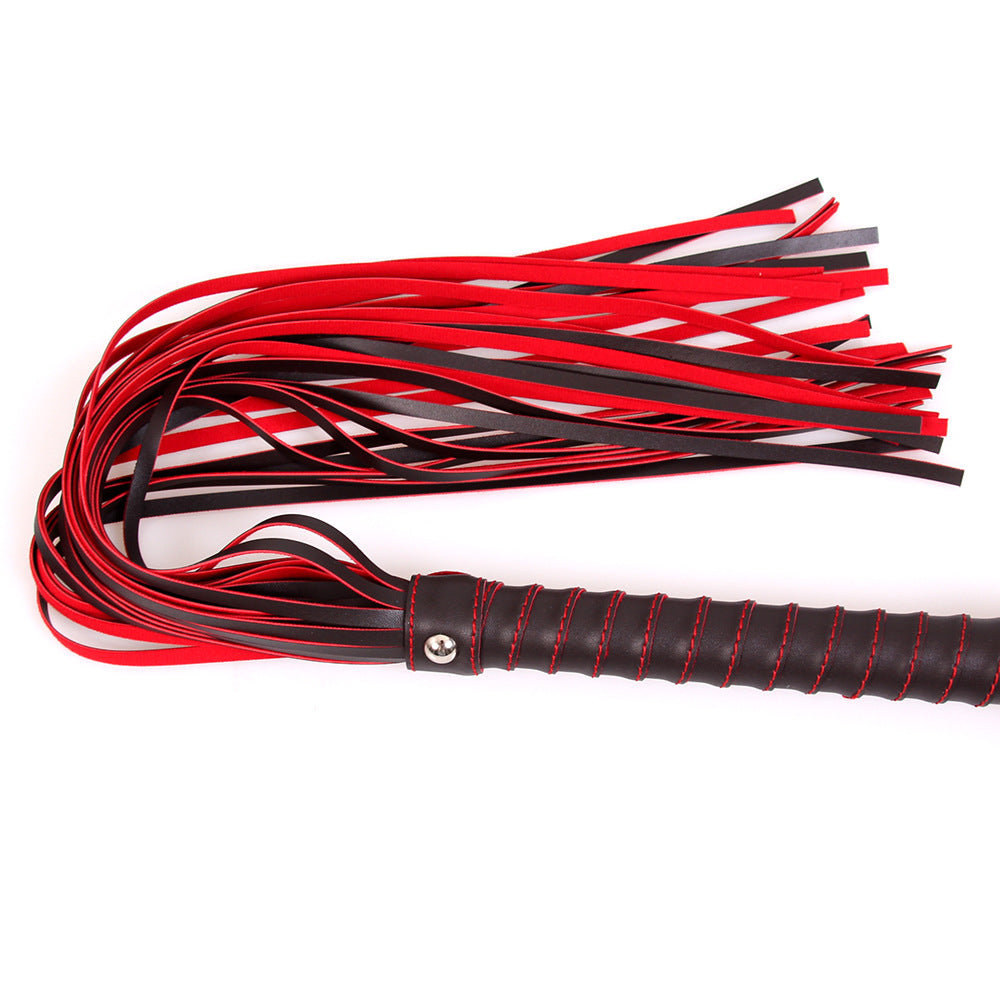 Red and Black Leatherette Flogger with Rivet Detail on the Hand Loop