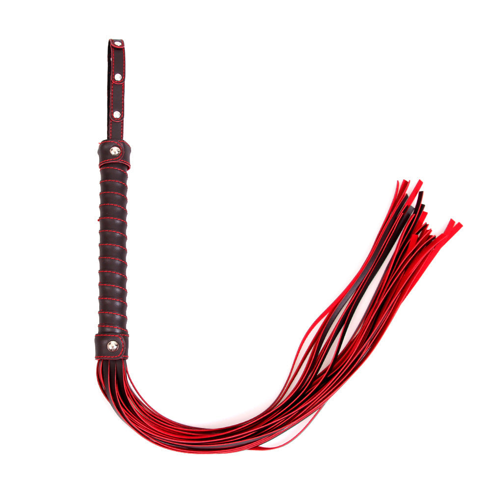 Red and Black Leatherette Flogger with Rivet Detail on the Hand Loop