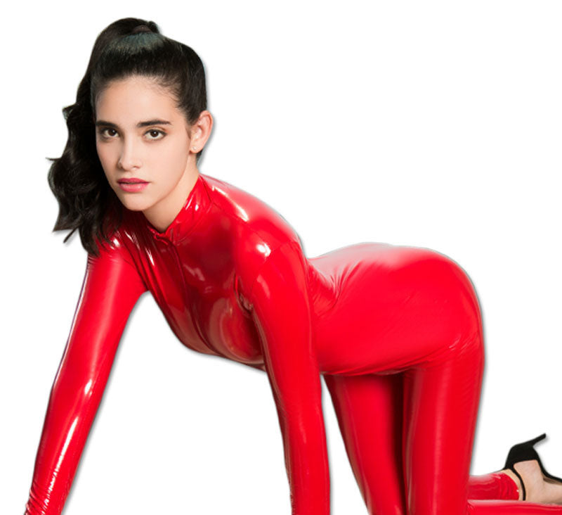 Red Front to Back Full Zip Leather Catsuit