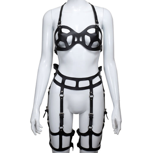 Black Faux Harness Bra Set with Garters