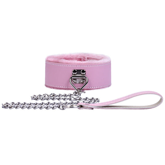 Fluffy Pink Faux Leather Bondage Collar and Chained Lead