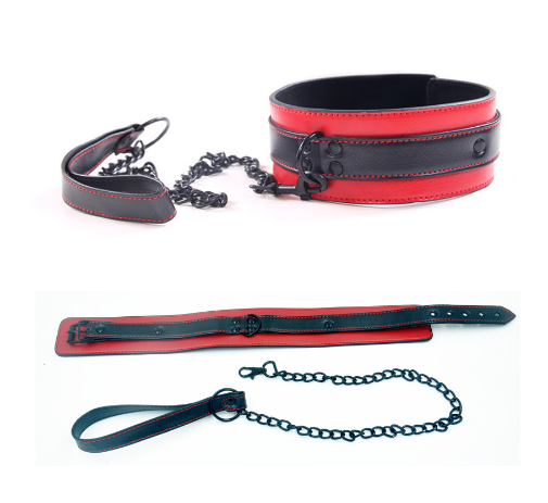 Black and Red Faux Leather Collar and Lead Set