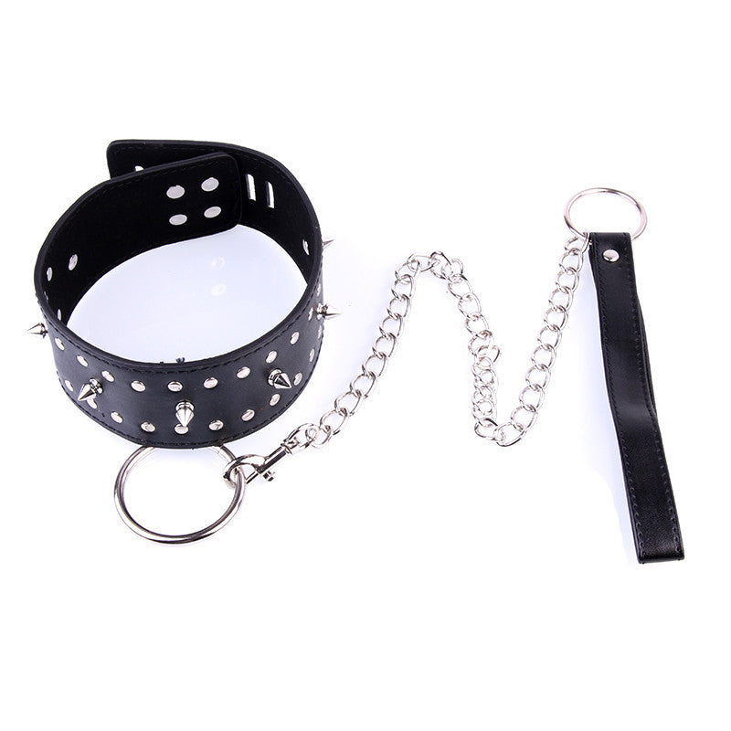 Spiked BDSM Collar and Lead Black Faux Leather - Sexy Bee UK