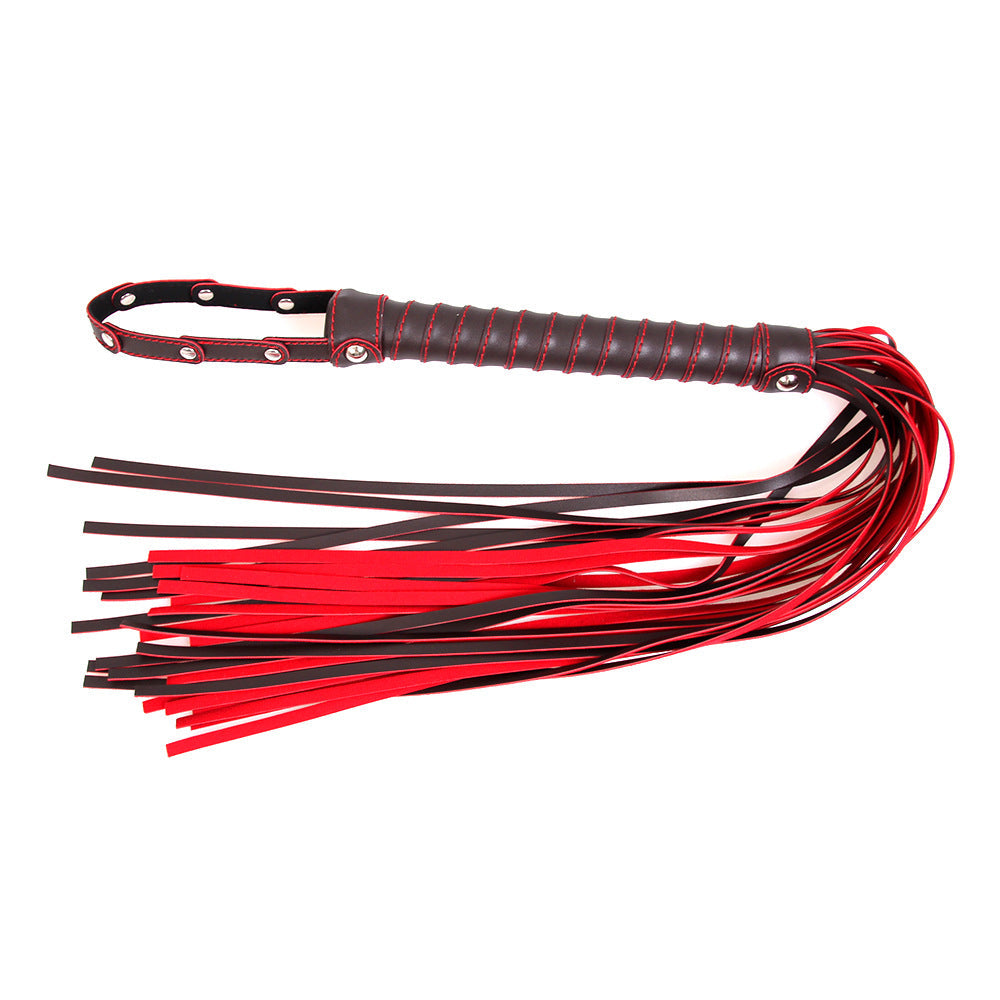 Red and Black Leatherette Flogger with Rivet Detail on the Hand Loop