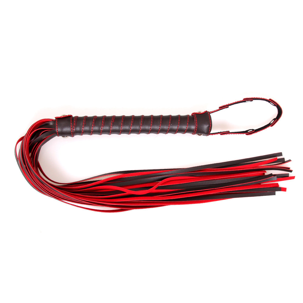 Red and Black Leatherette Flogger with Rivet Detail on the Hand Loop