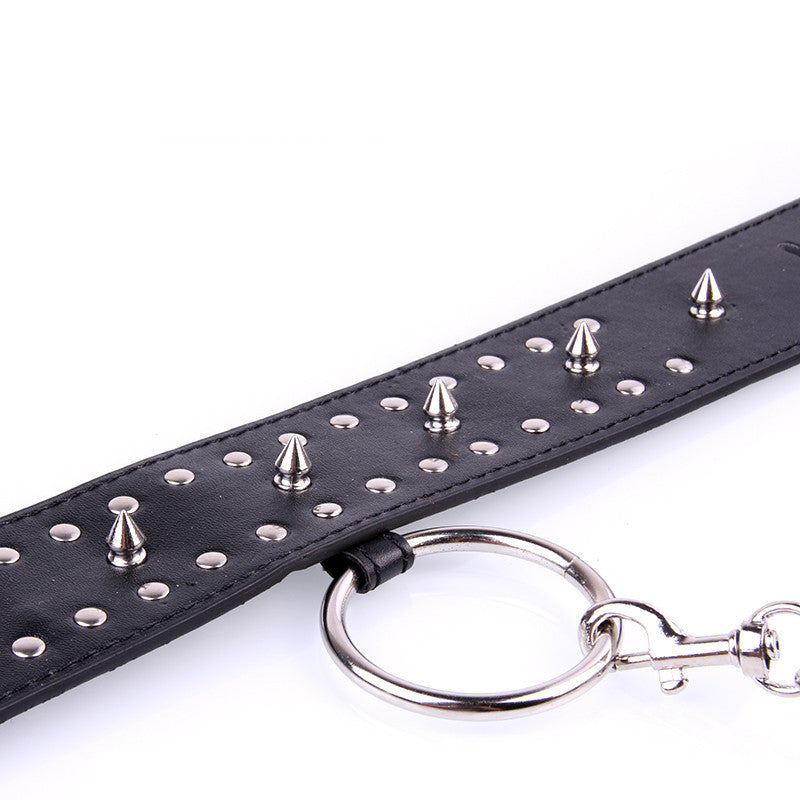 Spiked BDSM Collar and Lead Black Faux Leather - Sexy Bee UK