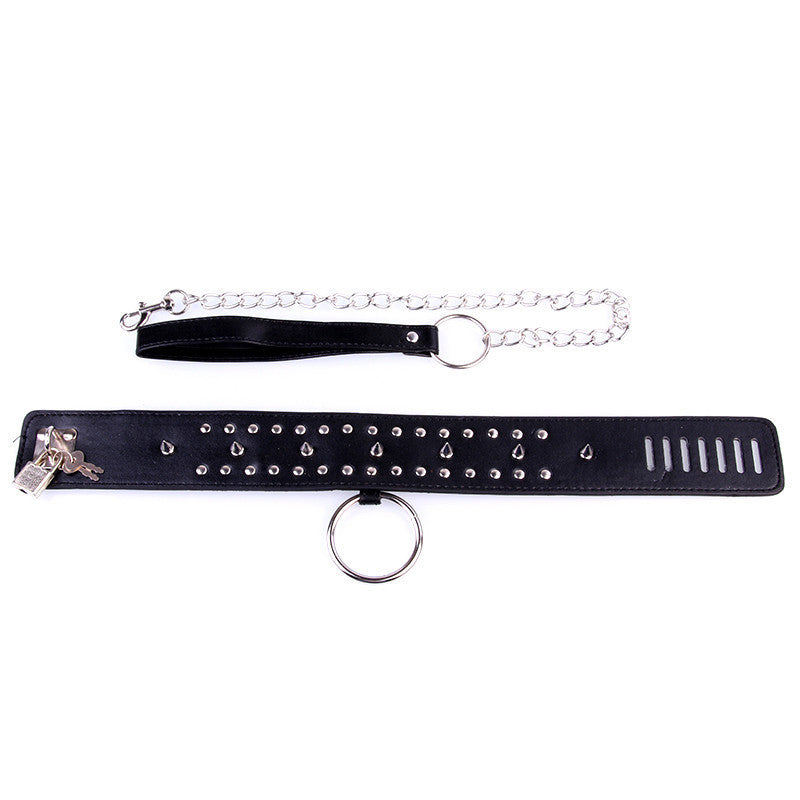 Spiked BDSM Collar and Lead Black Faux Leather - Sexy Bee UK