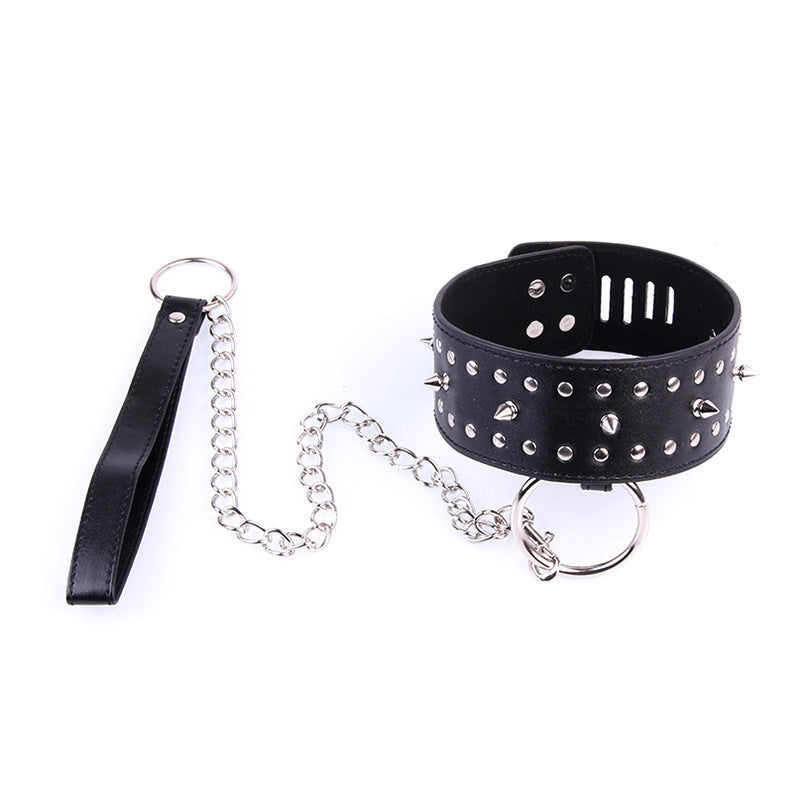 Spiked BDSM Collar and Lead Black Faux Leather - Sexy Bee UK